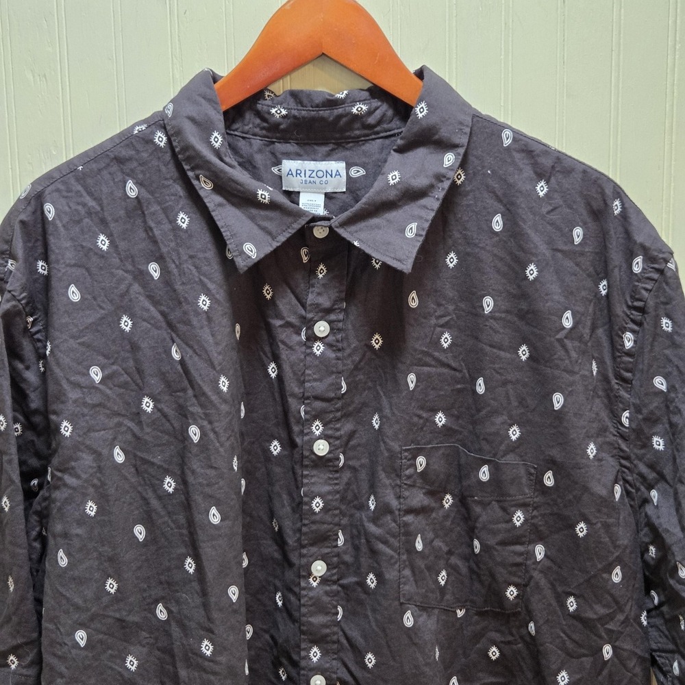 Arizona Jean Co Shirt Mens 2XLT Gray Paisley Short Sleeve Button Up Stretch